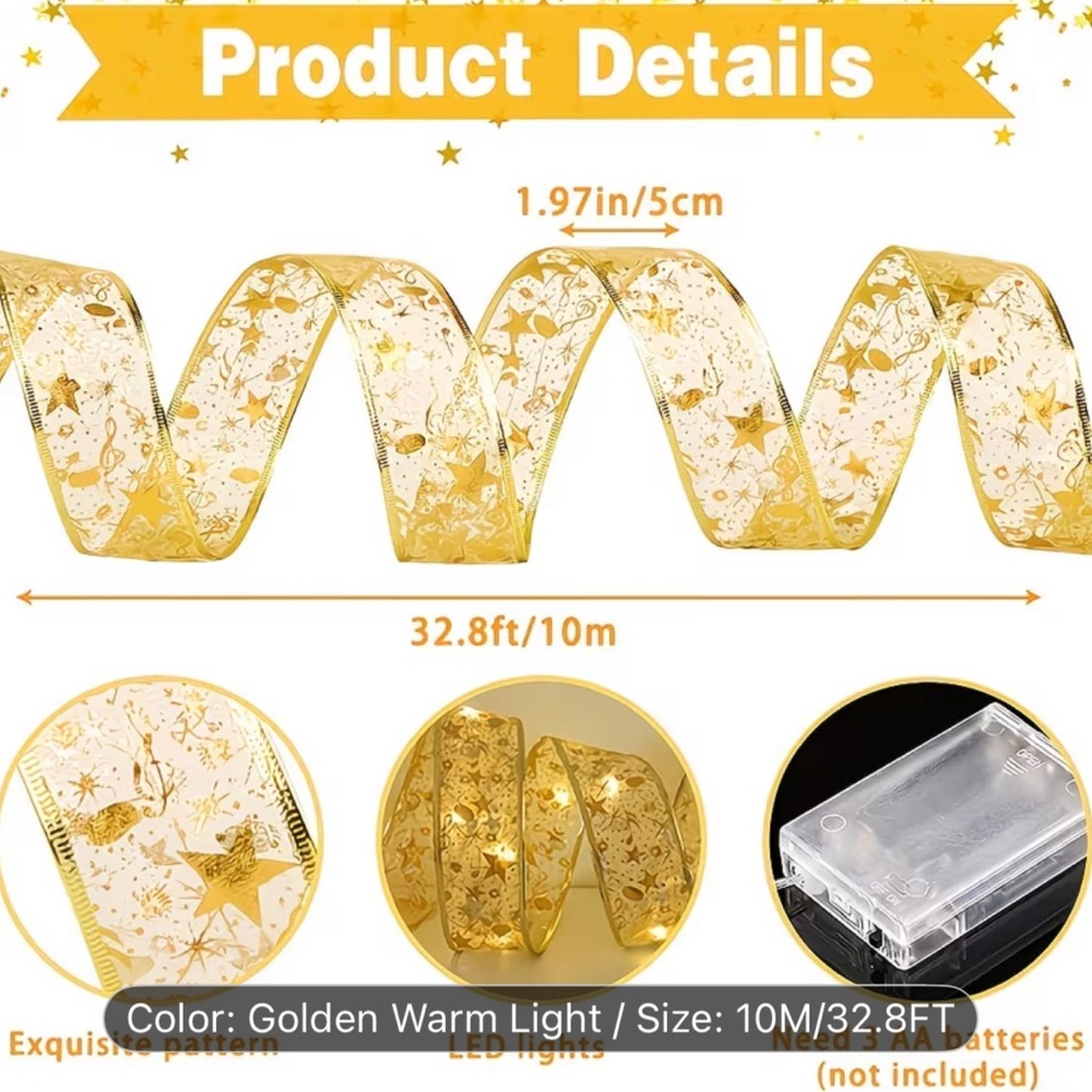 Golden Starry Ribbon with LED Lights